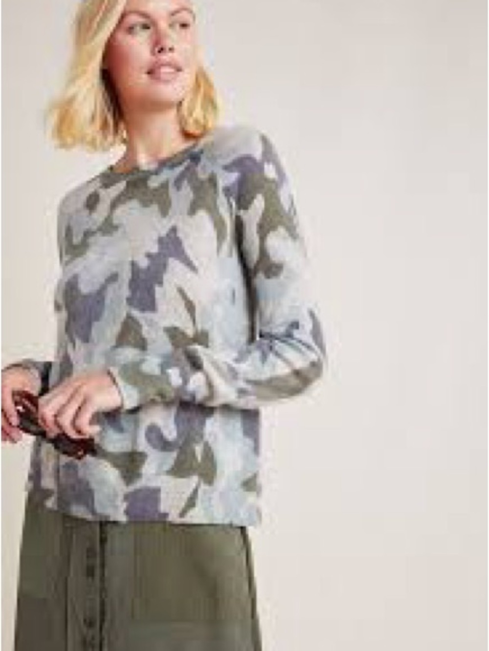 White + Warren Essentials Camo Crewneck Sweater in Gray and Green Tones cashmere
